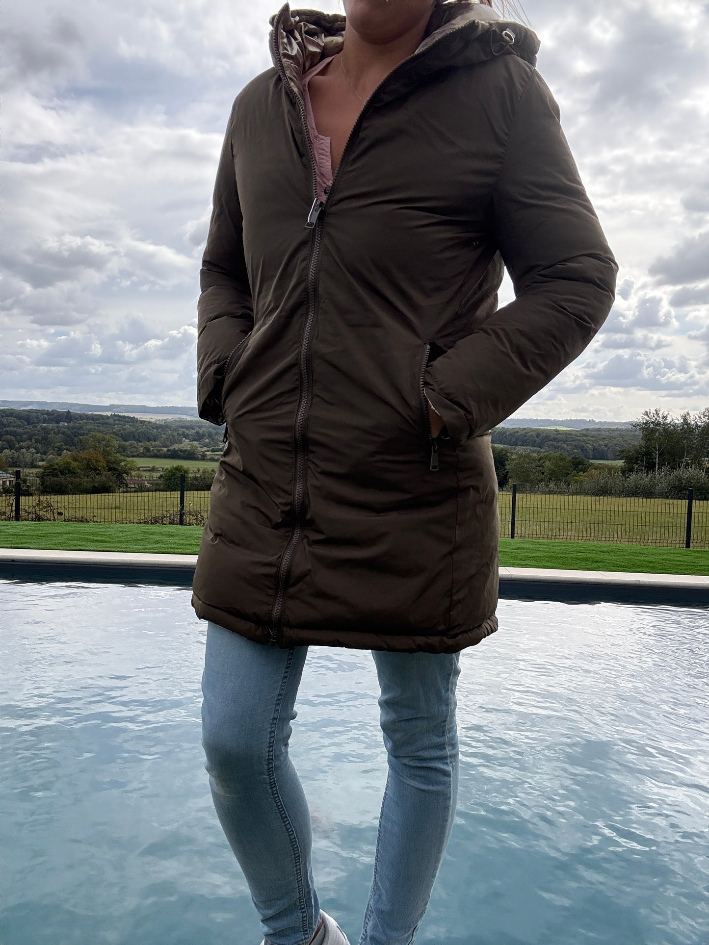 Melya Melody - Manteau long réversible et imperméable matelassé kaki marron/léopard