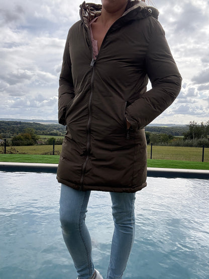 Melya Melody - Manteau long réversible et imperméable matelassé kaki marron/léopard
