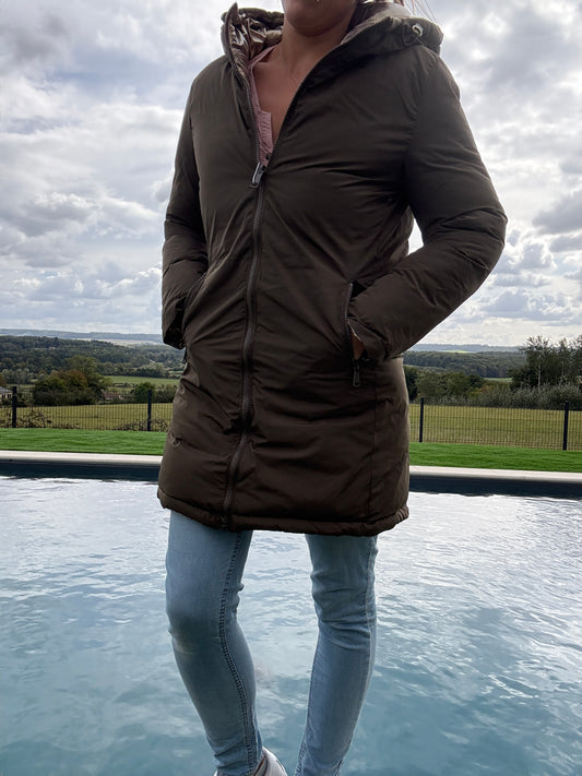 Melya Melody - Manteau long réversible et imperméable matelassé kaki marron/léopard