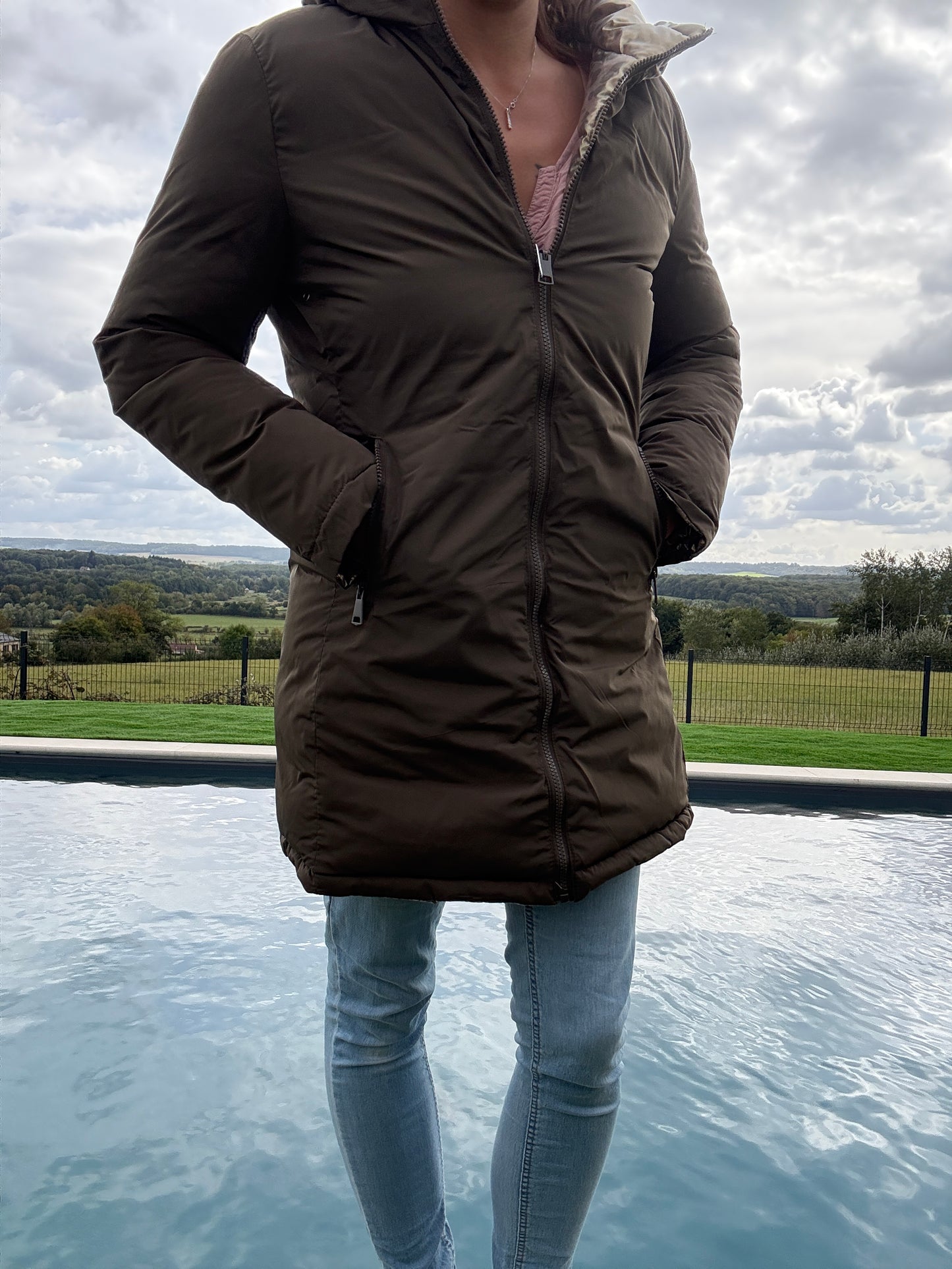 Melya Melody - Manteau long réversible et imperméable matelassé kaki marron/léopard
