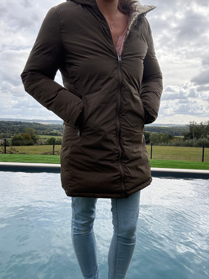 Melya Melody - Manteau long réversible et imperméable matelassé kaki marron/léopard