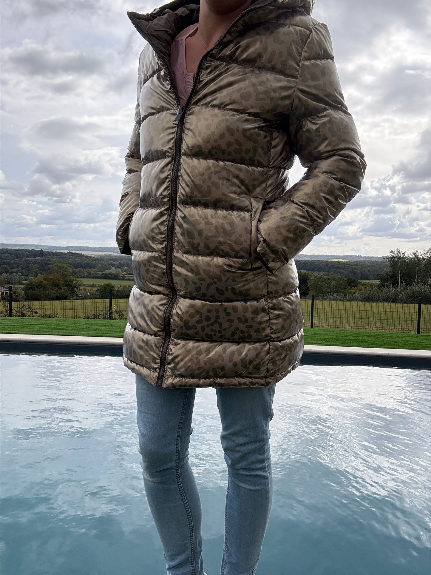 Melya Melody - Manteau long réversible et imperméable matelassé kaki marron/léopard