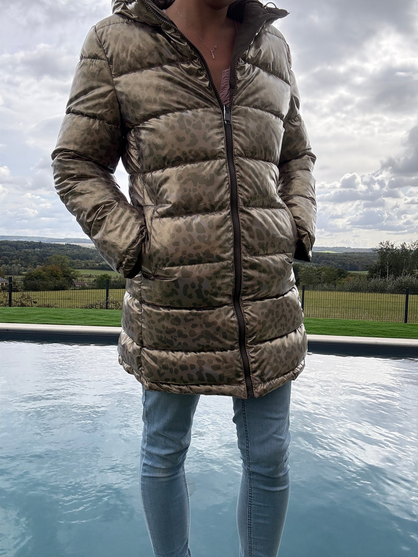 Melya Melody - Manteau long réversible et imperméable matelassé kaki marron/léopard