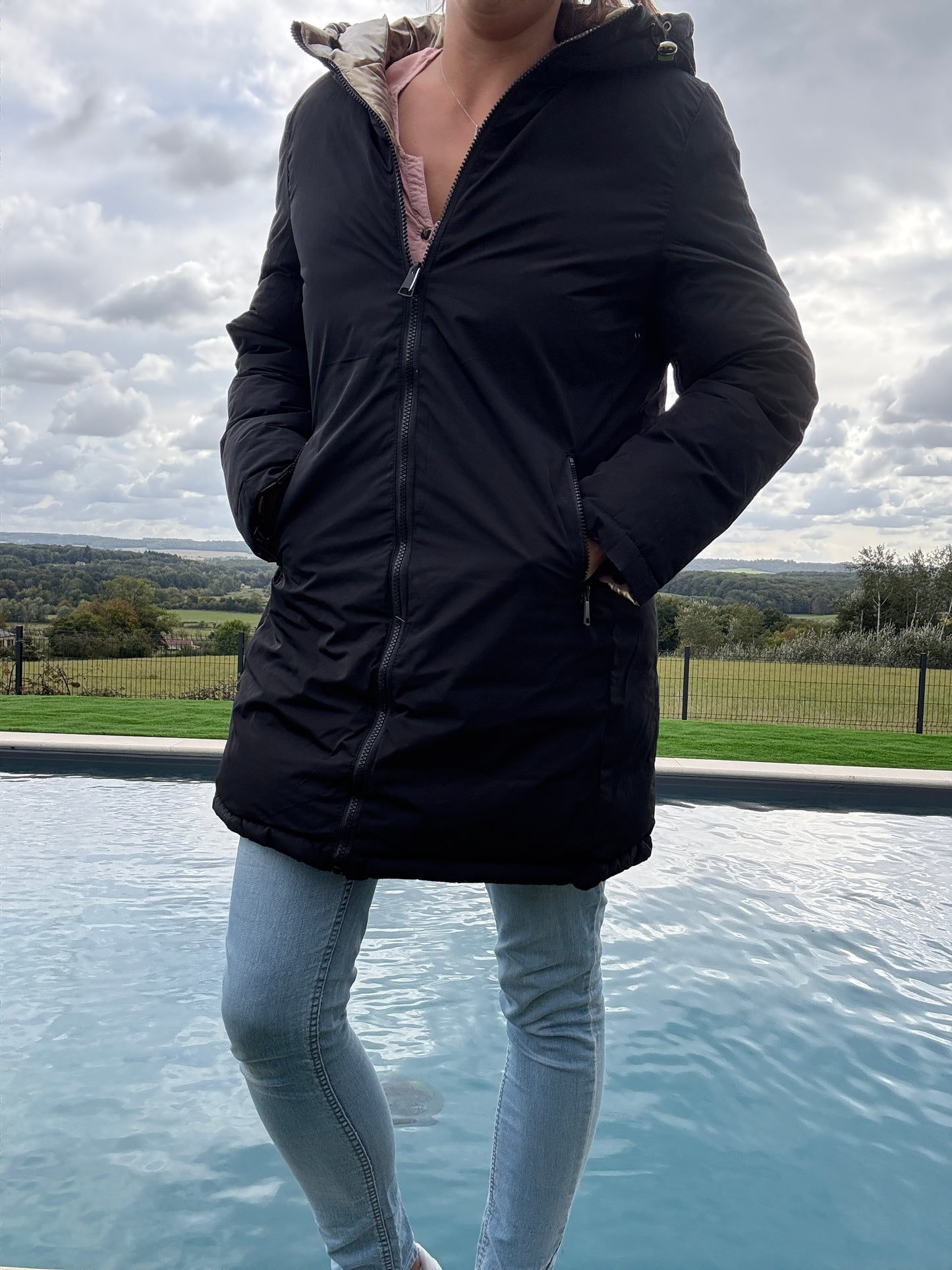Melya Melody - Manteau long réversible et imperméable matelassé noir/léopard