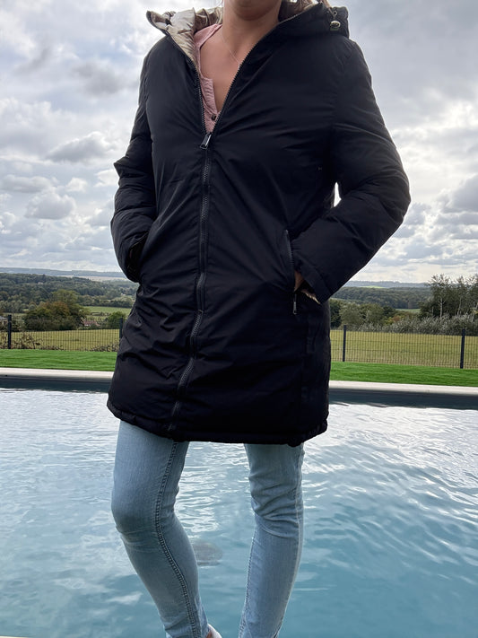 Melya Melody - Manteau long réversible et imperméable matelassé noir/léopard