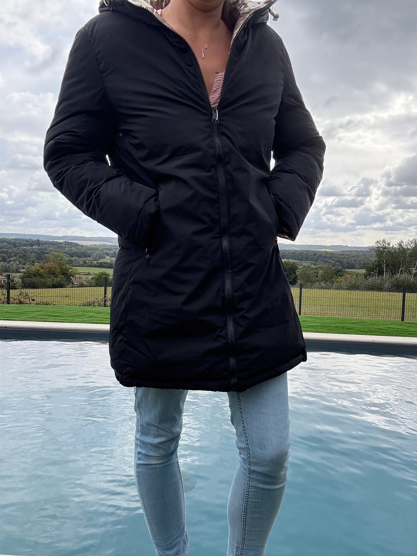 Melya Melody - Manteau long réversible et imperméable matelassé noir/léopard