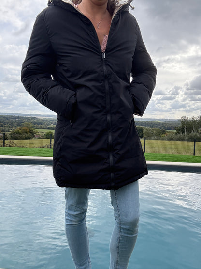 Melya Melody - Manteau long réversible et imperméable matelassé noir/léopard