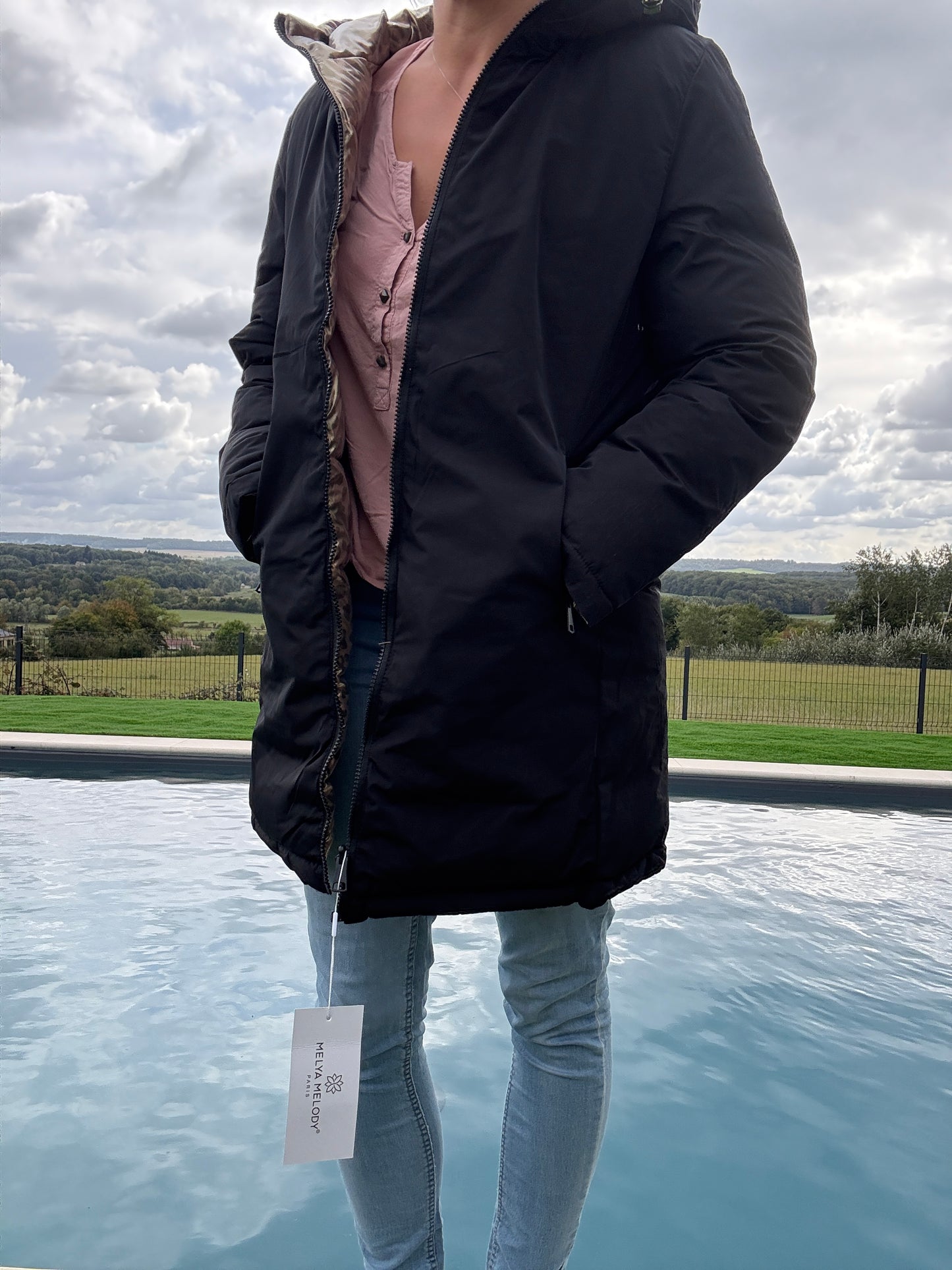 Melya Melody - Manteau long réversible et imperméable matelassé noir/léopard