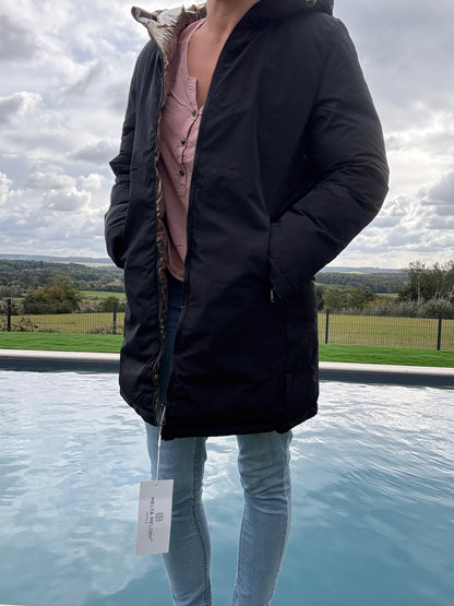 Melya Melody - Manteau long réversible et imperméable matelassé noir/léopard