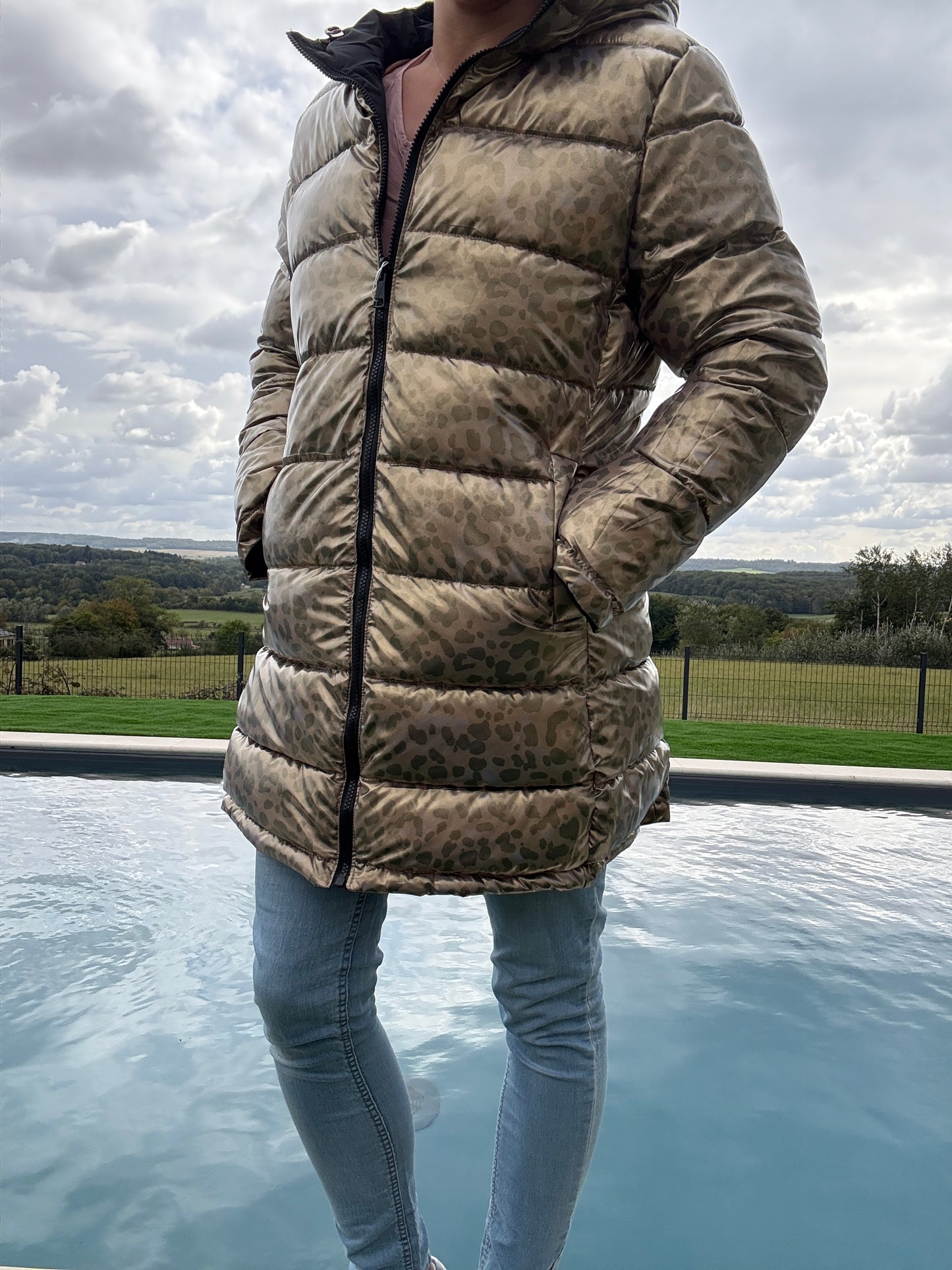 Melya Melody - Manteau long réversible et imperméable matelassé noir/léopard