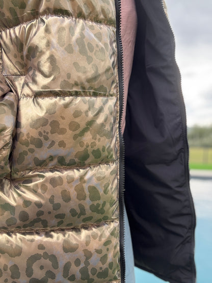 Melya Melody - Manteau long réversible et imperméable matelassé noir/léopard