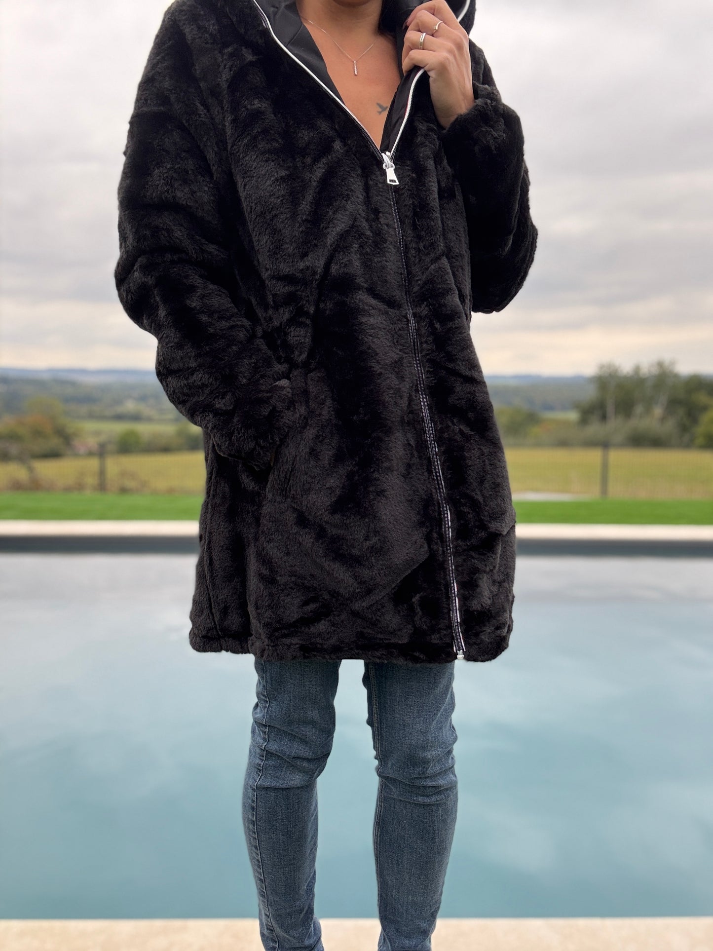 New Lolo - Manteau long noir fourré complet réversible imperméable - Curvy