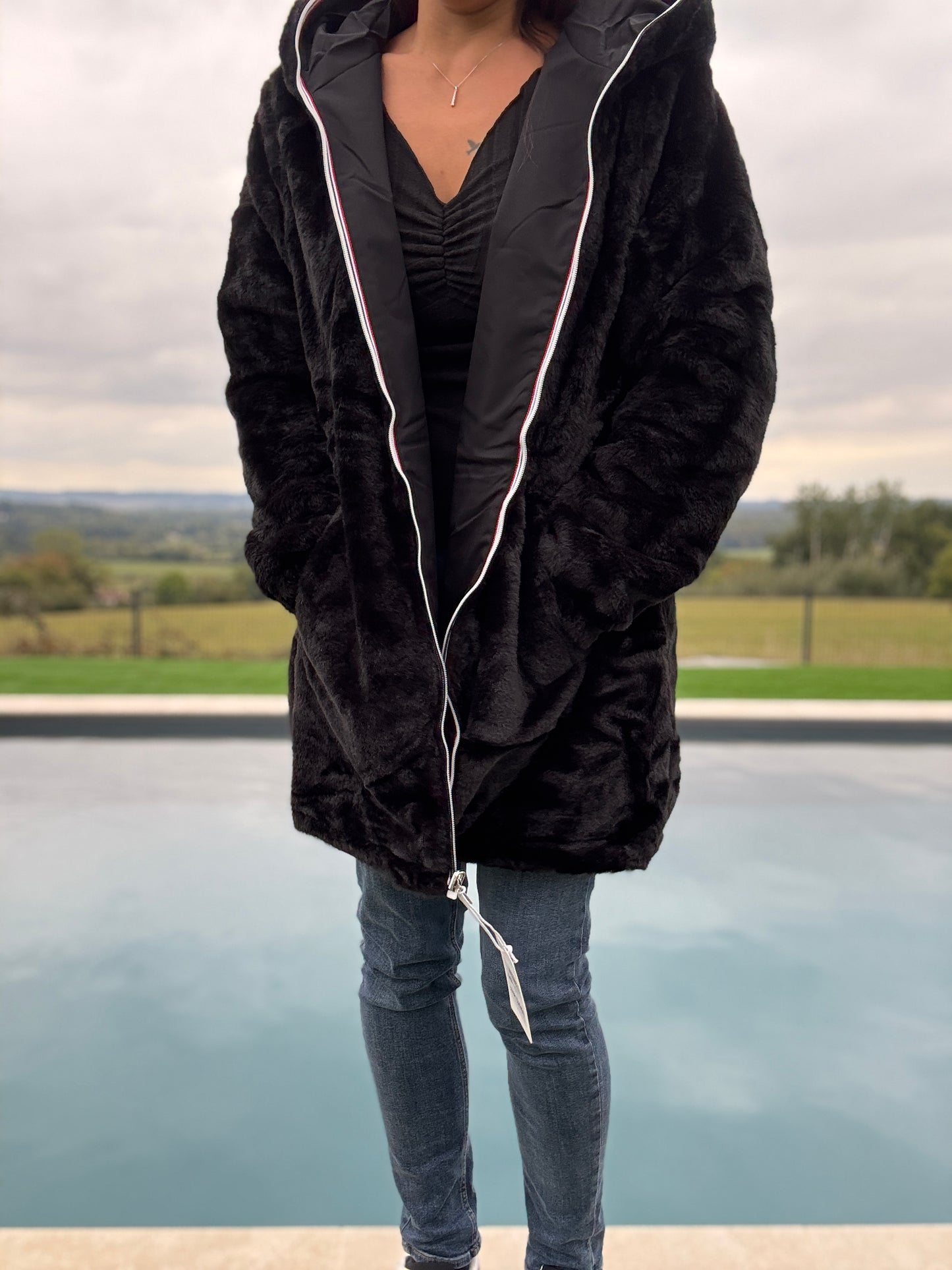 New Lolo - Manteau long noir fourré complet réversible imperméable - Curvy