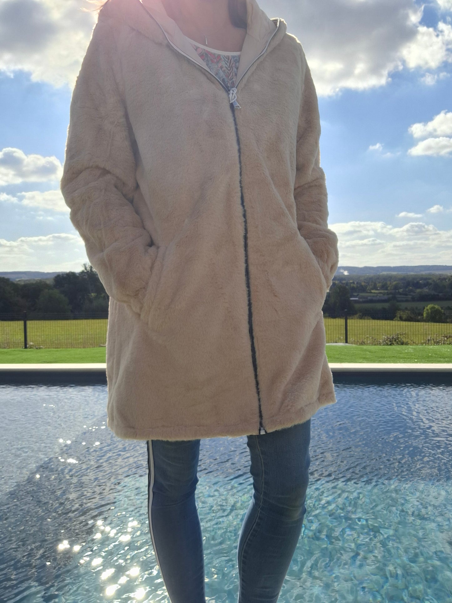 New Lolo - Manteau long beige fourré complet réversible imperméable