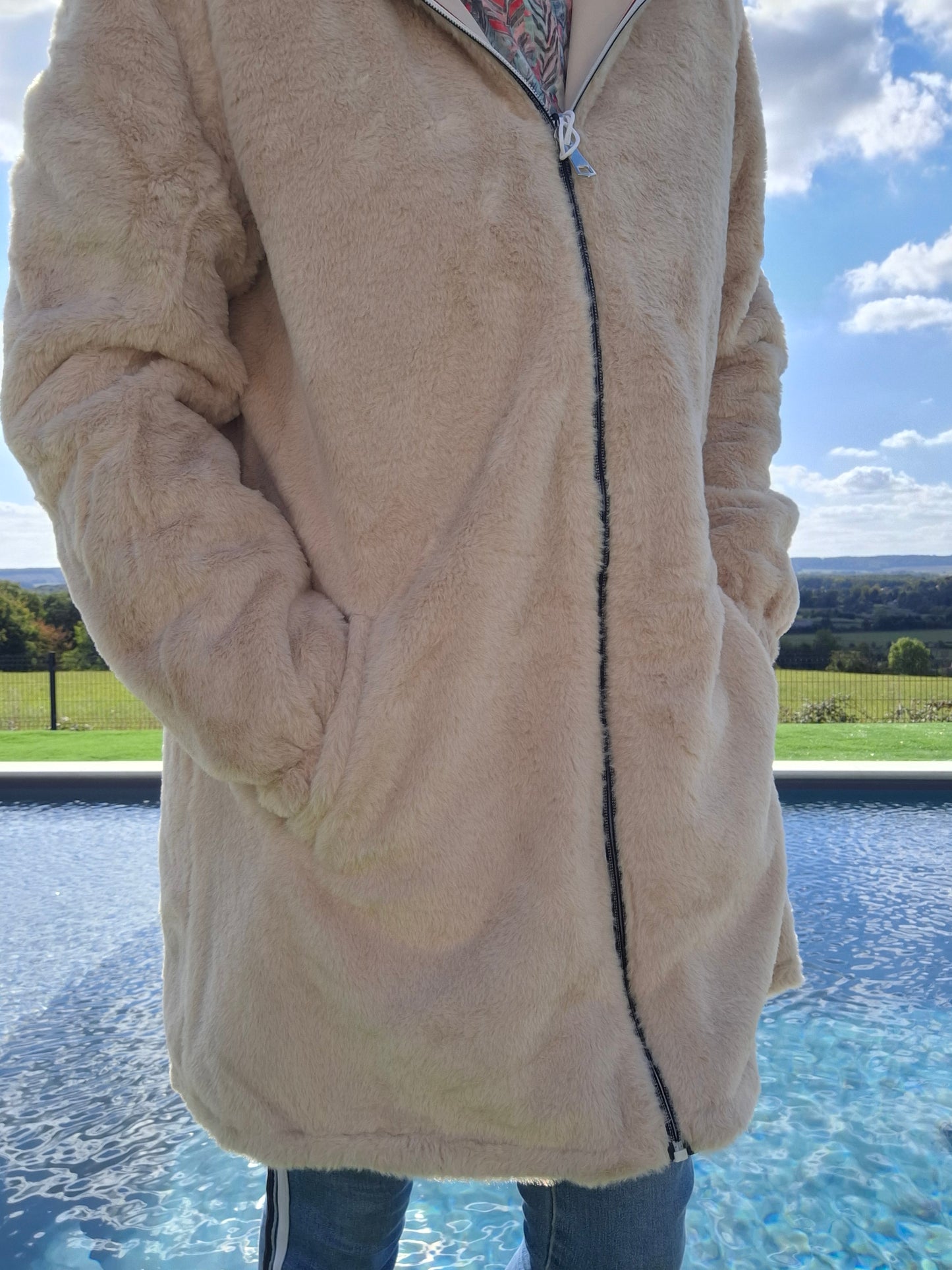 New Lolo - Manteau long beige fourré complet réversible imperméable
