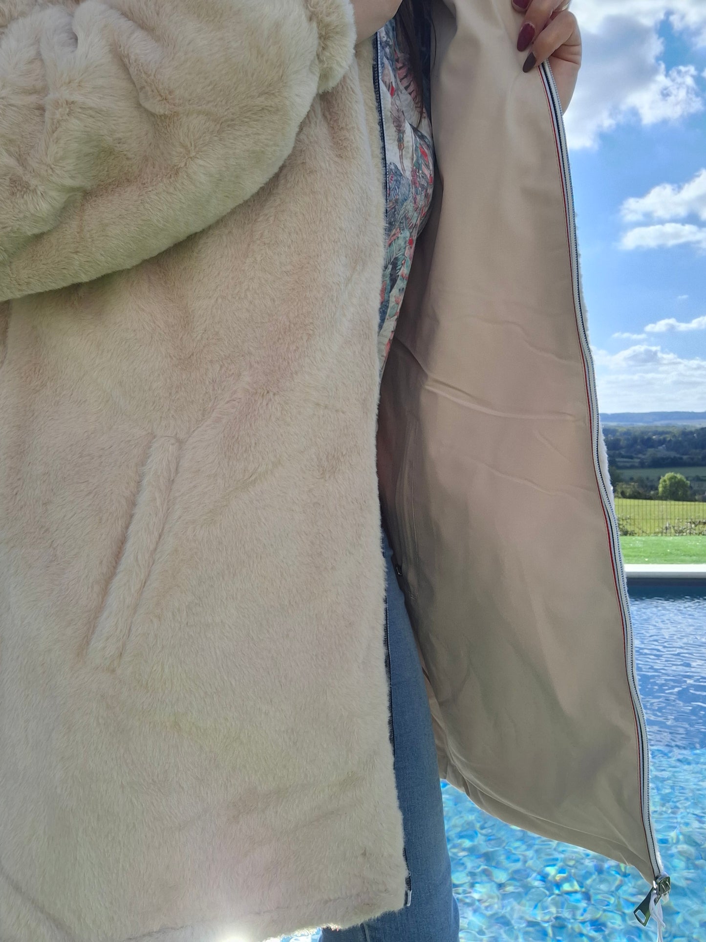 New Lolo - Manteau long beige fourré complet réversible imperméable