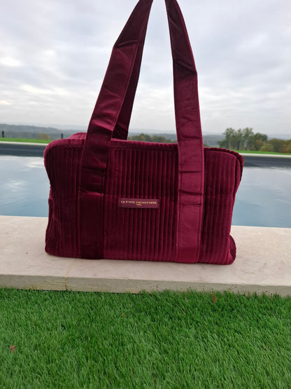 Sac week-end de voyage polochon velours cotelé rouge bordeaux