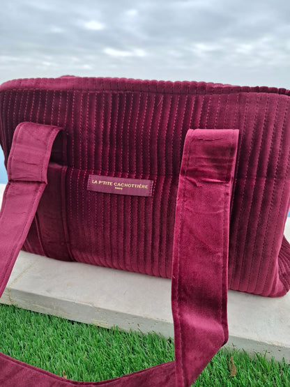 Sac week-end de voyage polochon velours cotelé rouge bordeaux