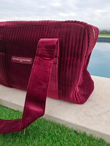Sac week-end de voyage polochon velours cotelé rouge bordeaux
