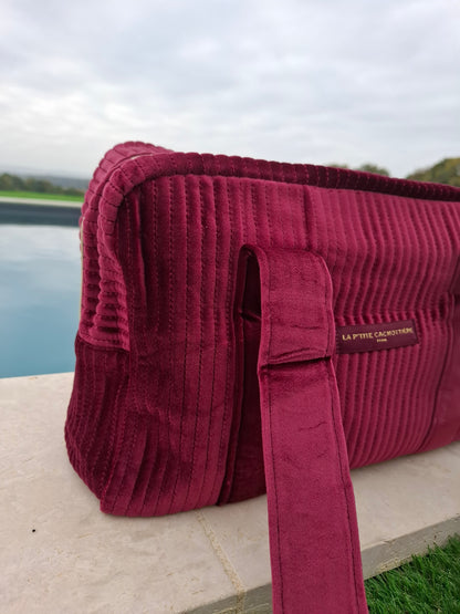 Sac week-end de voyage polochon velours cotelé rouge bordeaux