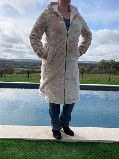 New Lolo - Manteau chaud long hauteur genoux beige crème fourré complet réversible imperméable