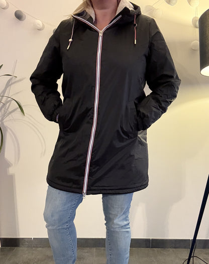 Laura Jo - Imperméable fourré long fausse fourrure noir intérieur sherpa beige