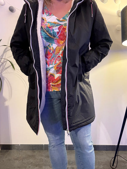 Laura Jo - Imperméable fourré long fausse fourrure noir intérieur sherpa beige - Curvy