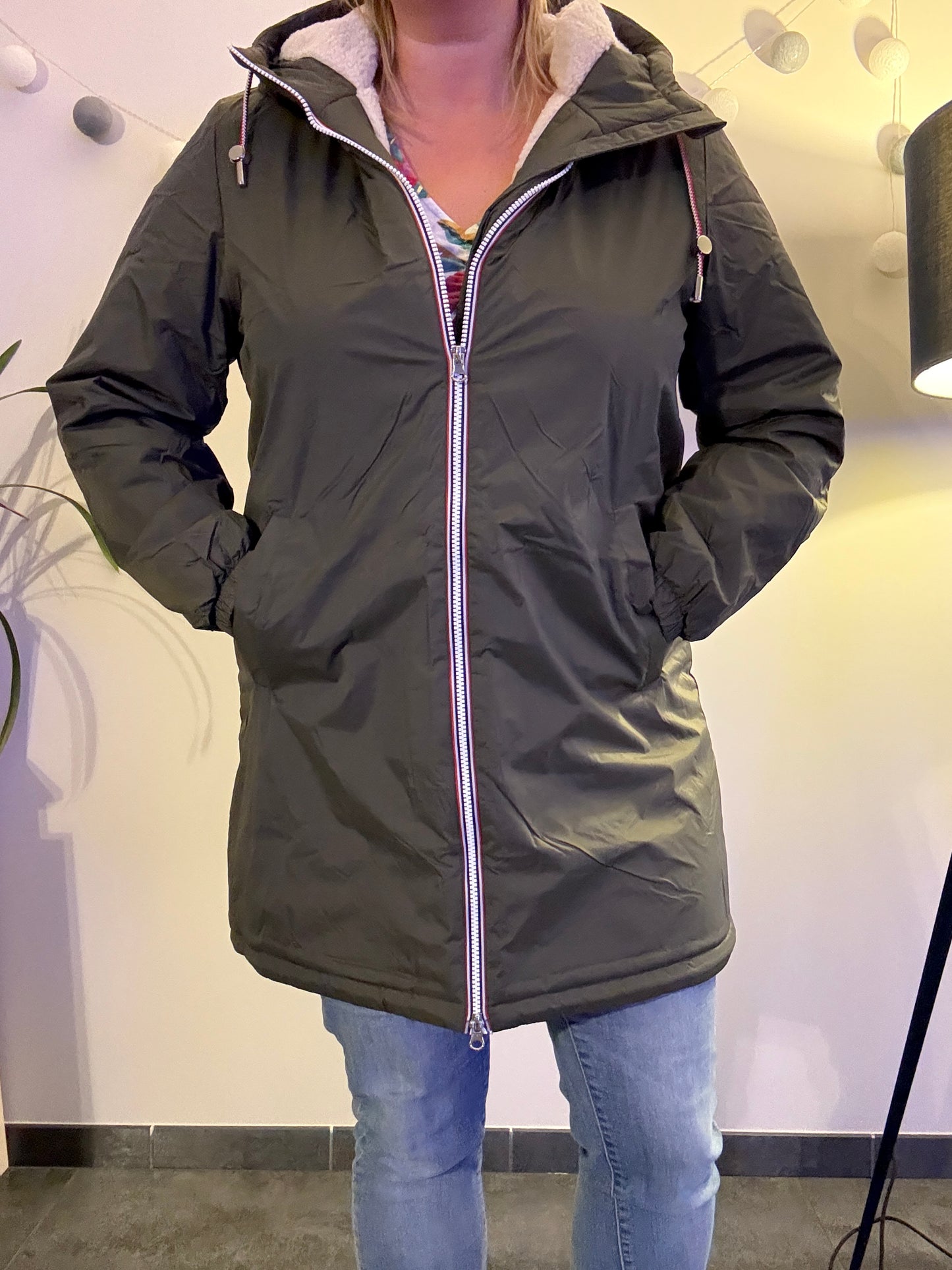 Laura Jo - Imperméable fourré long fausse fourrure kaki intérieur sherpa beige