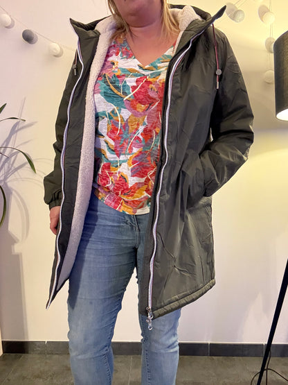 Laura Jo - Imperméable fourré long fausse fourrure kaki intérieur sherpa beige - Curvy