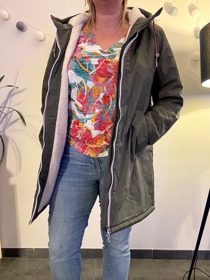 Laura Jo - Imperméable fourré long fausse fourrure kaki intérieur sherpa beige - Curvy