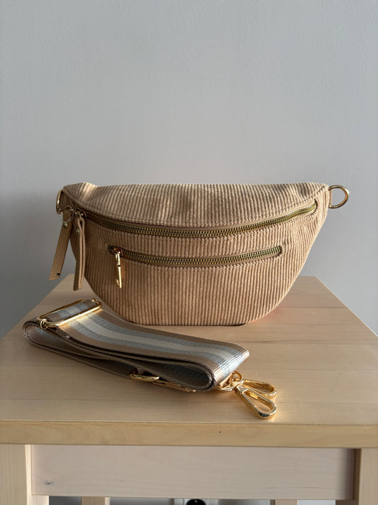 Riñonera pana 2 bolsillos topo correa fantasía color Marrón beige oscuro