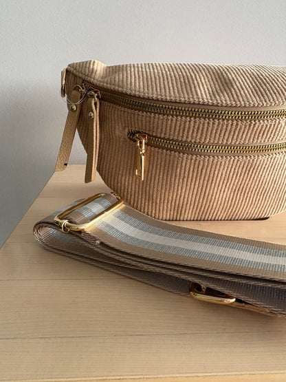 Sac banane velours côtelé 2 poches  taupe sangle fantaisie couleur Marron beige foncé