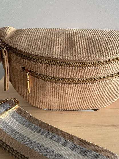 Sac banane velours côtelé 2 poches  taupe sangle fantaisie couleur Marron beige foncé