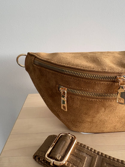 Sac banane toucher daim 2 poches camel sangle fantaisie