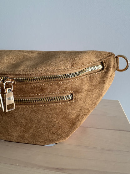 Sac banane toucher daim 2 poches camel sangle fantaisie