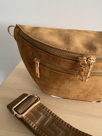 Sac banane toucher daim 2 poches camel sangle fantaisie