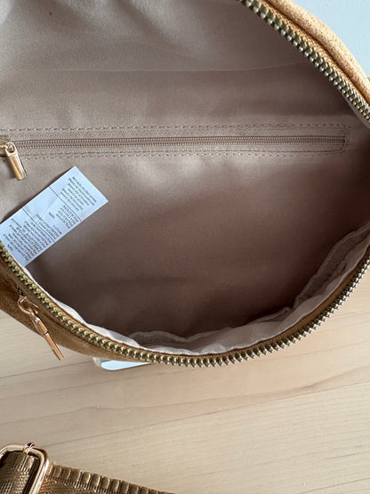 Sac banane toucher daim 2 poches camel sangle fantaisie