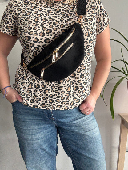 Sac banane toucher daim 2 poches noir sangle fantaisie