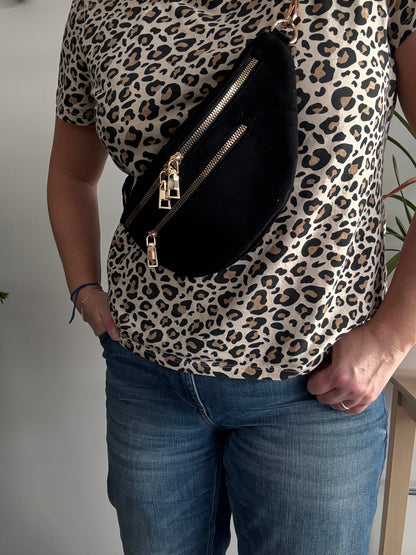 Sac banane toucher daim 2 poches noir sangle fantaisie