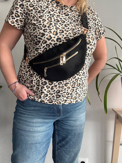 Sac banane toucher daim 2 poches noir sangle fantaisie