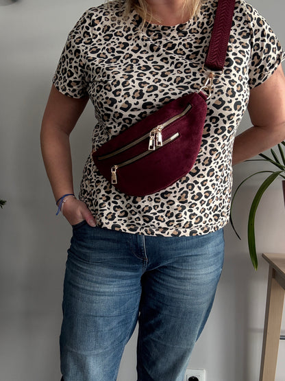 Sac banane toucher daim 2 poches rouge bordeaux sangle fantaisie