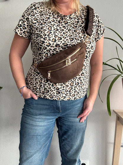 Riñonera efecto ante 2 bolsillos correa estampada color Marrón chocolate