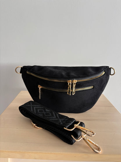 Sac banane toucher daim 2 poches noir sangle fantaisie