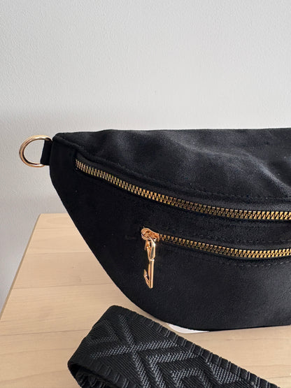 Sac banane toucher daim 2 poches noir sangle fantaisie