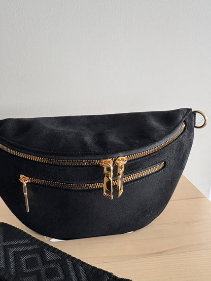 Sac banane toucher daim 2 poches noir sangle fantaisie