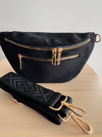 Sac banane toucher daim 2 poches noir sangle fantaisie