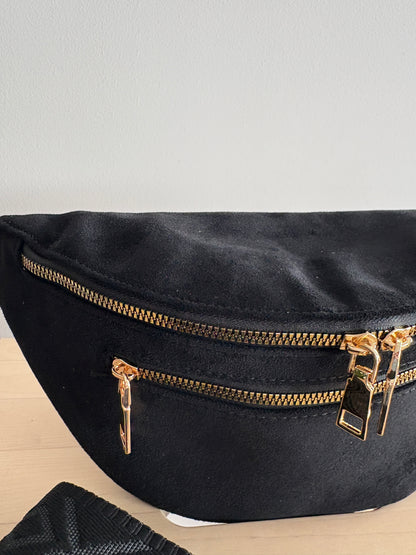 Sac banane toucher daim 2 poches noir sangle fantaisie