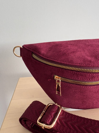 Sac banane toucher daim 2 poches rouge bordeaux sangle fantaisie