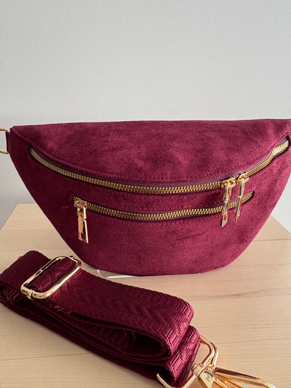 Sac banane toucher daim 2 poches rouge bordeaux sangle fantaisie