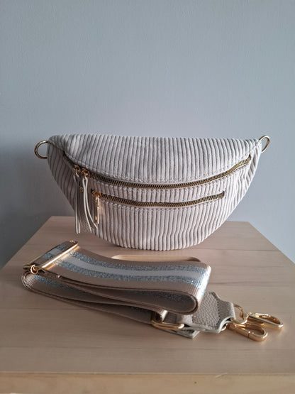 Sac banane velours côtelé 2 poches beige sangle fantaisie